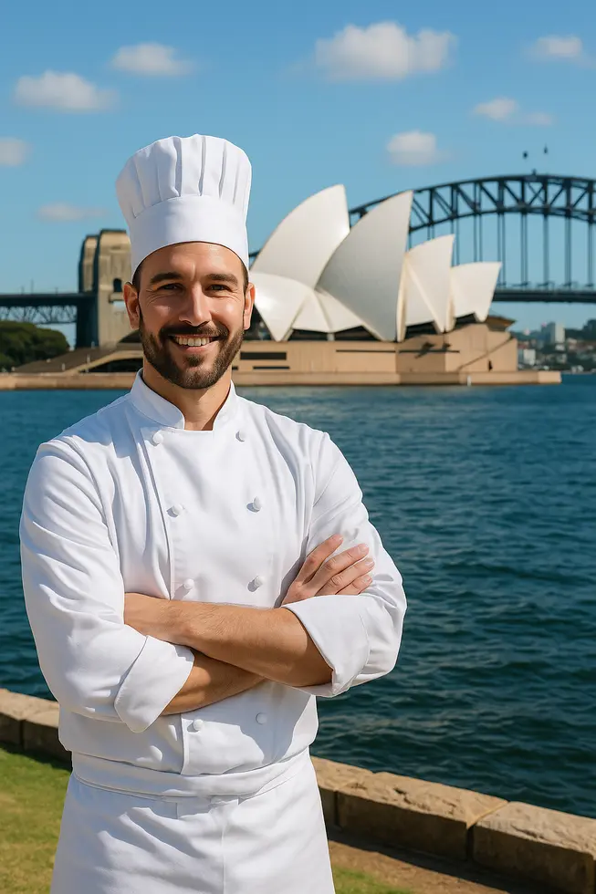 A chef cooking in an Australian kitchen with native ingredients and the Australian flag in the background.