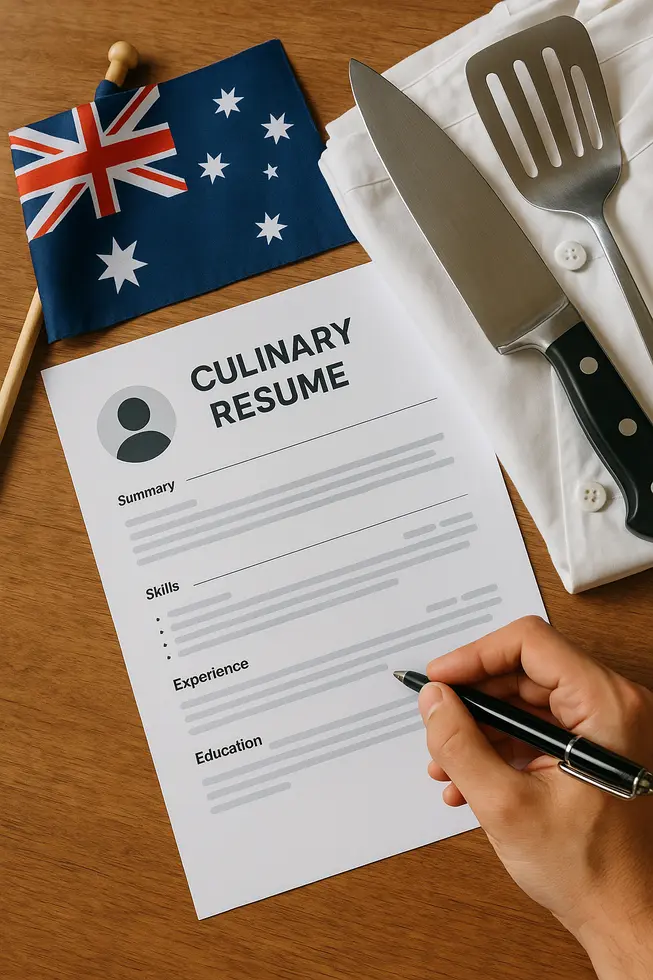 Chef in a kitchen reviewing a culinary resume on a tablet.
