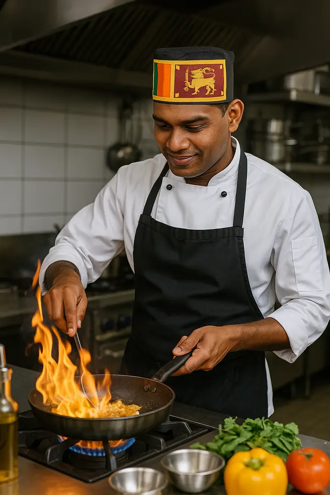 Sri Lankan chefs in an Australian kitchen, preparing a variety of dishes, representing cultural and culinary unity.