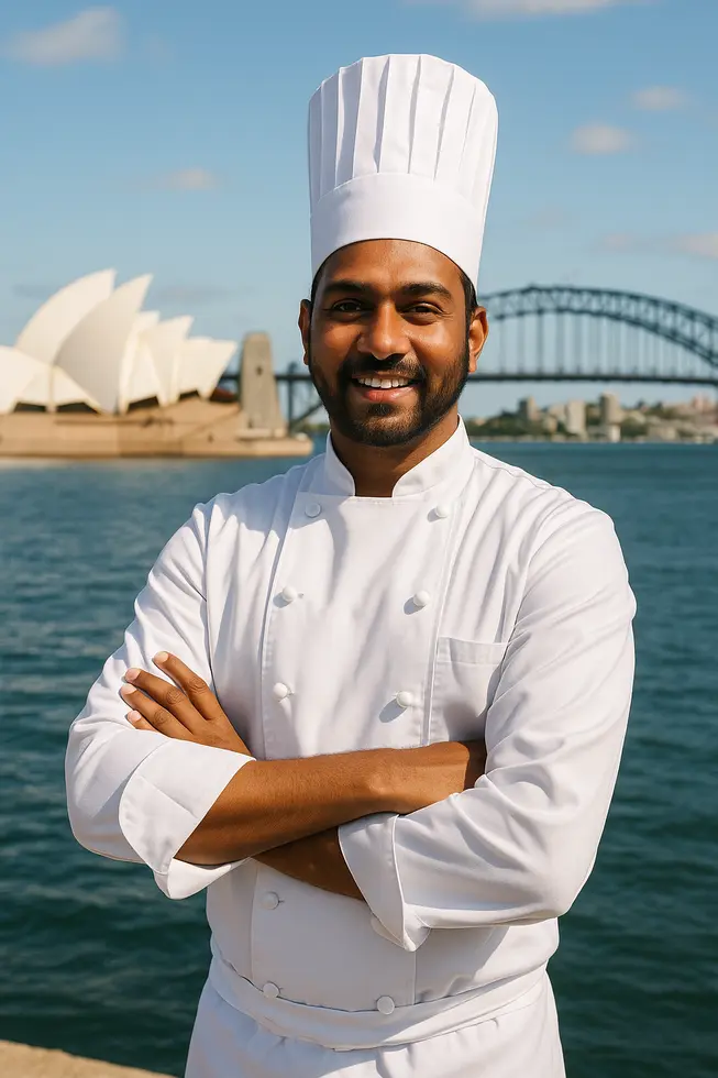Indian chef in a high-end kitchen, reflecting success and expertise in Australia.