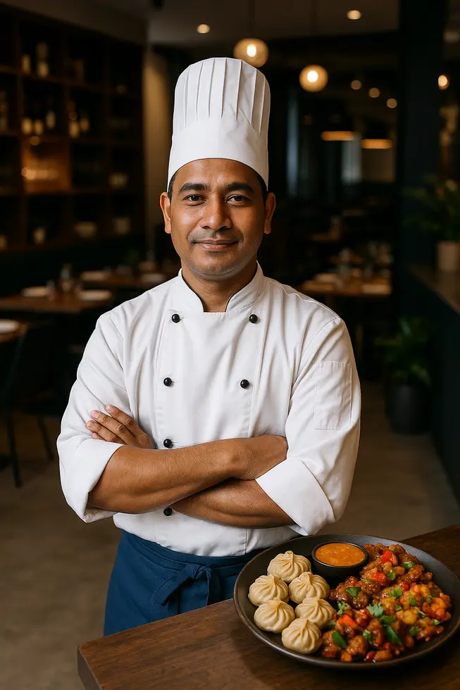 Collage of vibrant Nepalese dishes amid Australian dining settings.