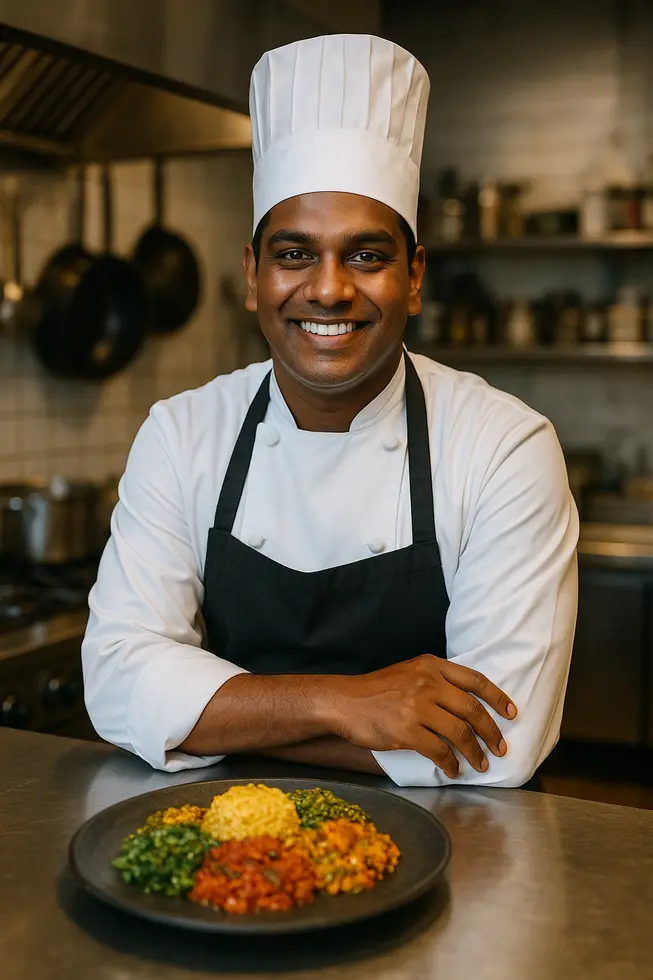 A diverse team of chefs in a bustling kitchen setting.